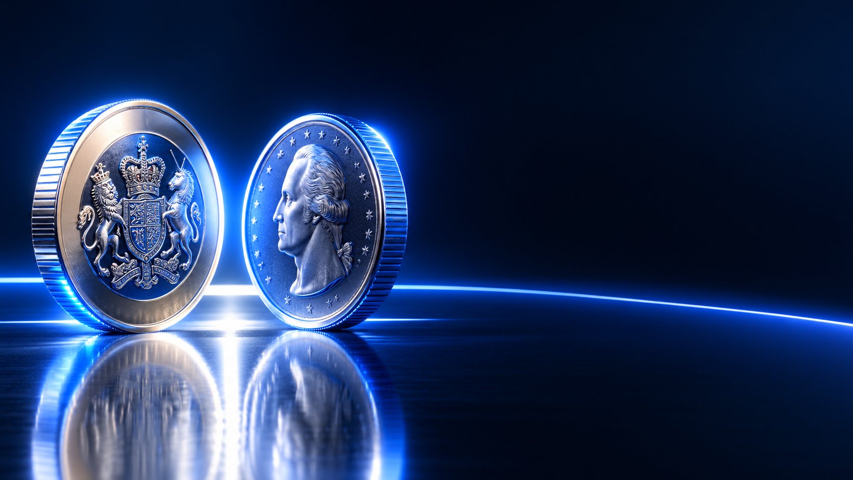 British pound coin and a us dollar coin facing each other on a reflective surface